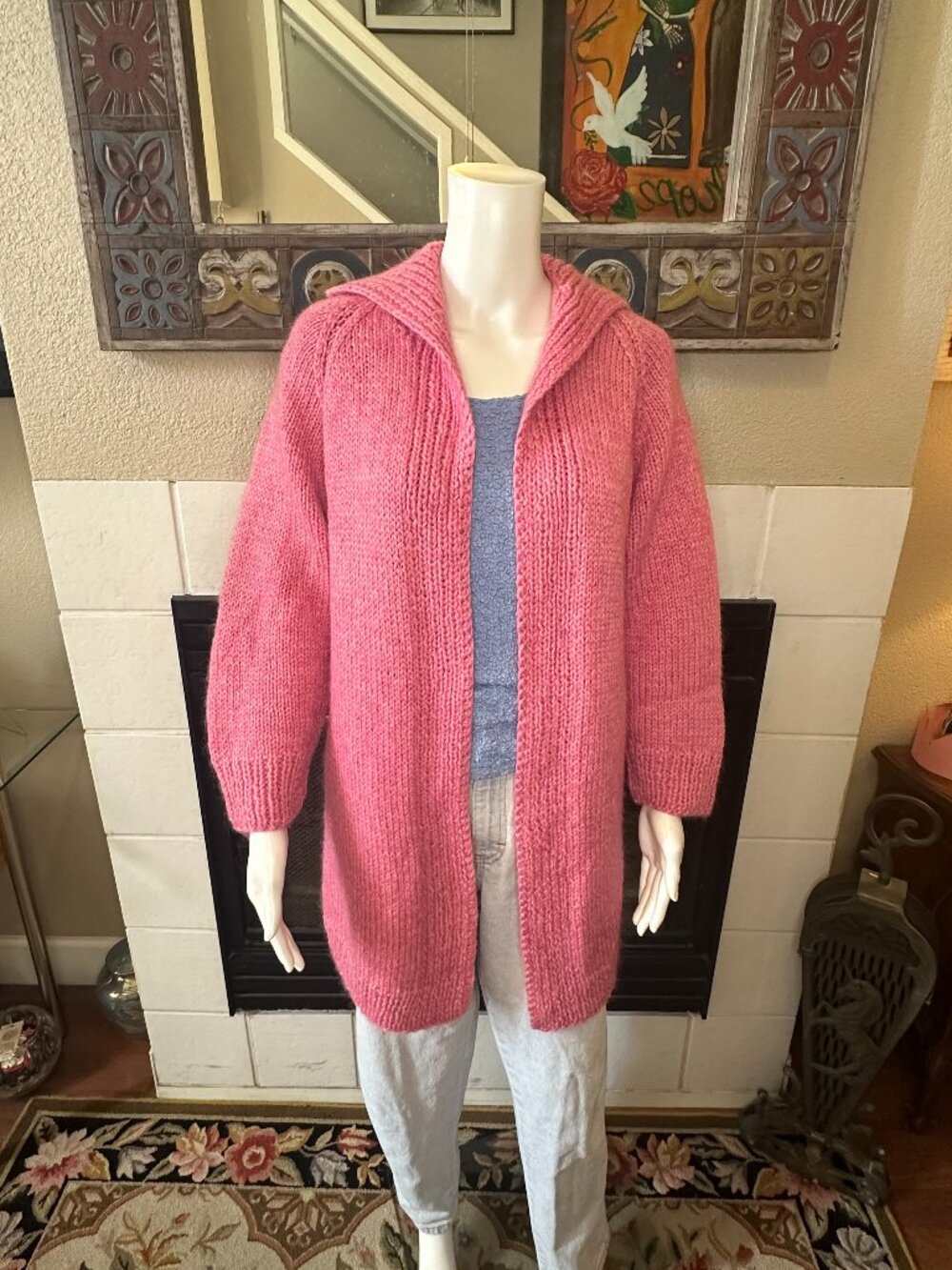 Hand Knitted LARGE Bright Pink Chunky Knit Heavy Open Long Cardigan Jacket